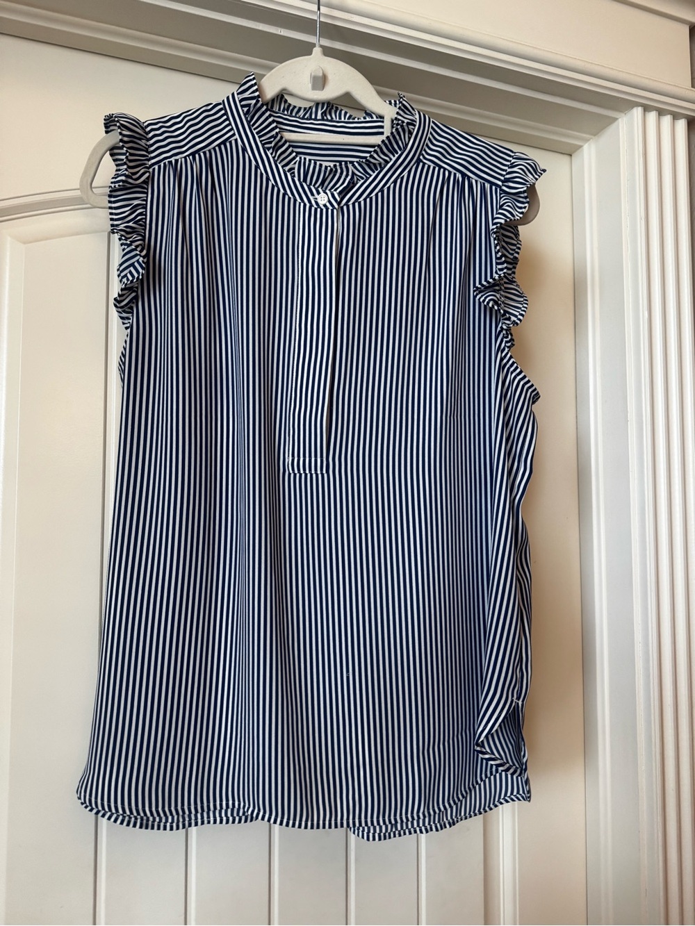 LOFT Navy and White Vertical Stripe Ruffle-Sleeve Blouse
